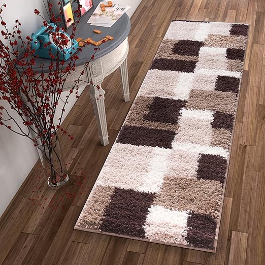 Amazon Com Shag Cubes Modern 2x7 2 X 7 3 Runner Area Rug Brown Plush Geometric Blocks Squareseasy Care Thick Soft Living Room Home Kitchen