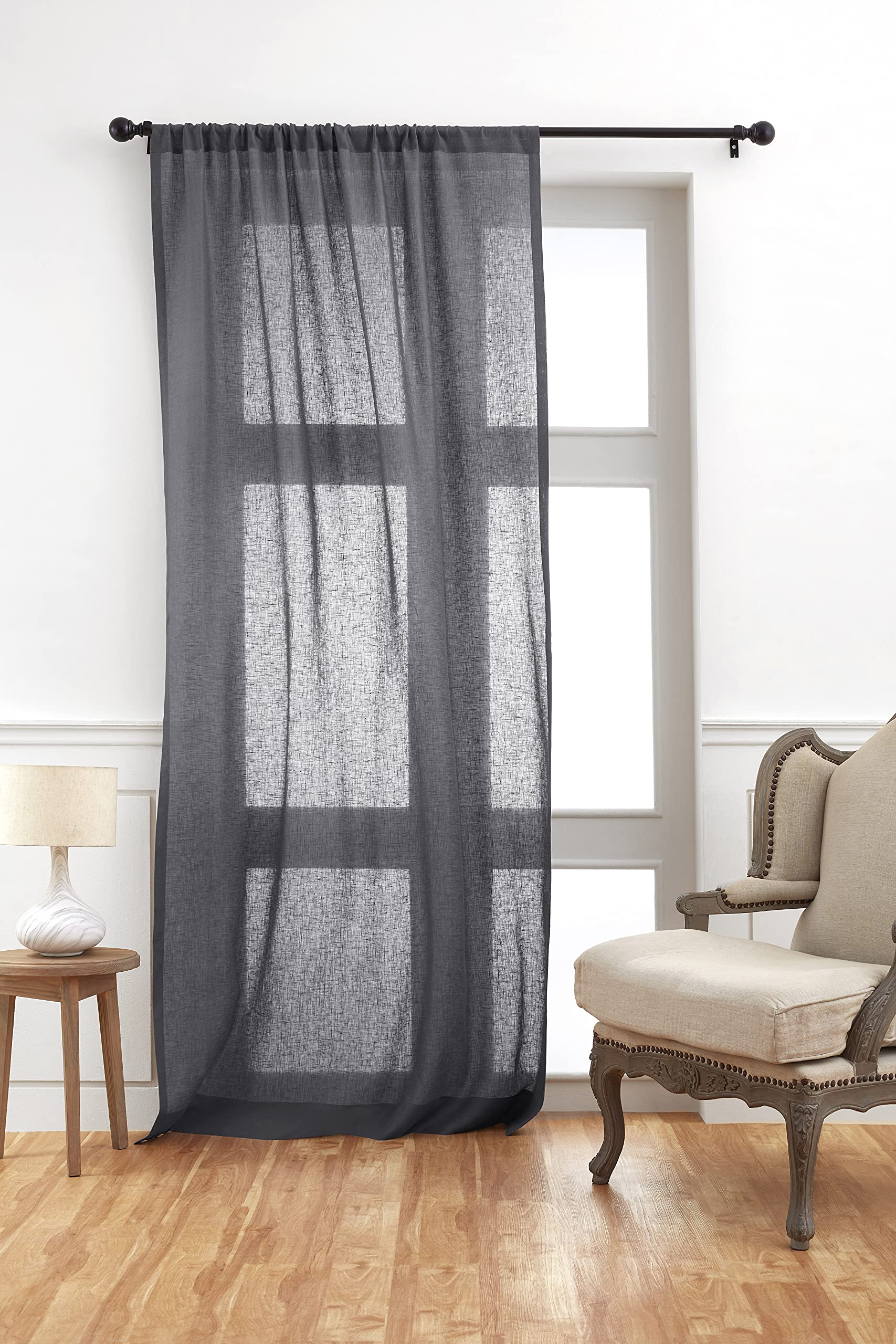 Solino Home Charcoal Linen Sheer Curtain 120 Inches Long - 100% Pure Linen European Flax Window Treatment Panel 52 x 120 Inch - Light Filtering Rod Pocket Curtain for Living Room, Bedroom - 1 Panel