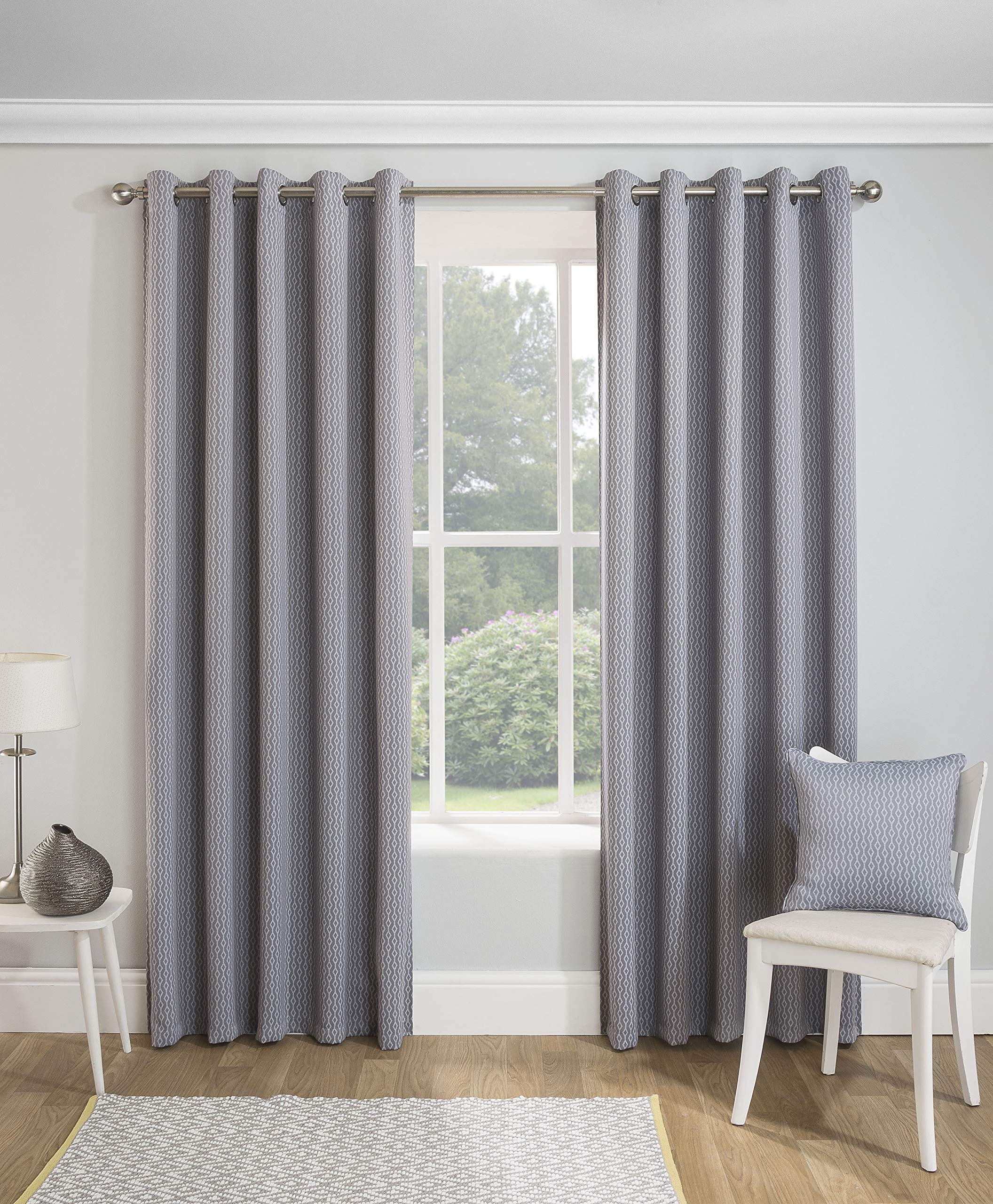 Enhanced Living Miami Grey, Modern Geometric Print, Eyelet Curtain, Eyelet, Thermal, Blockout Curtain (Width - 90" (229cm) x Drop - 90" (229cm))