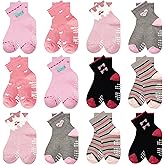 LIFPAU Non Slip Toddler Socks with Grips 12 Pairs Girls Anti Skid Crew Grippy Socks with Fun Patterns for Kids 1-7 Years
