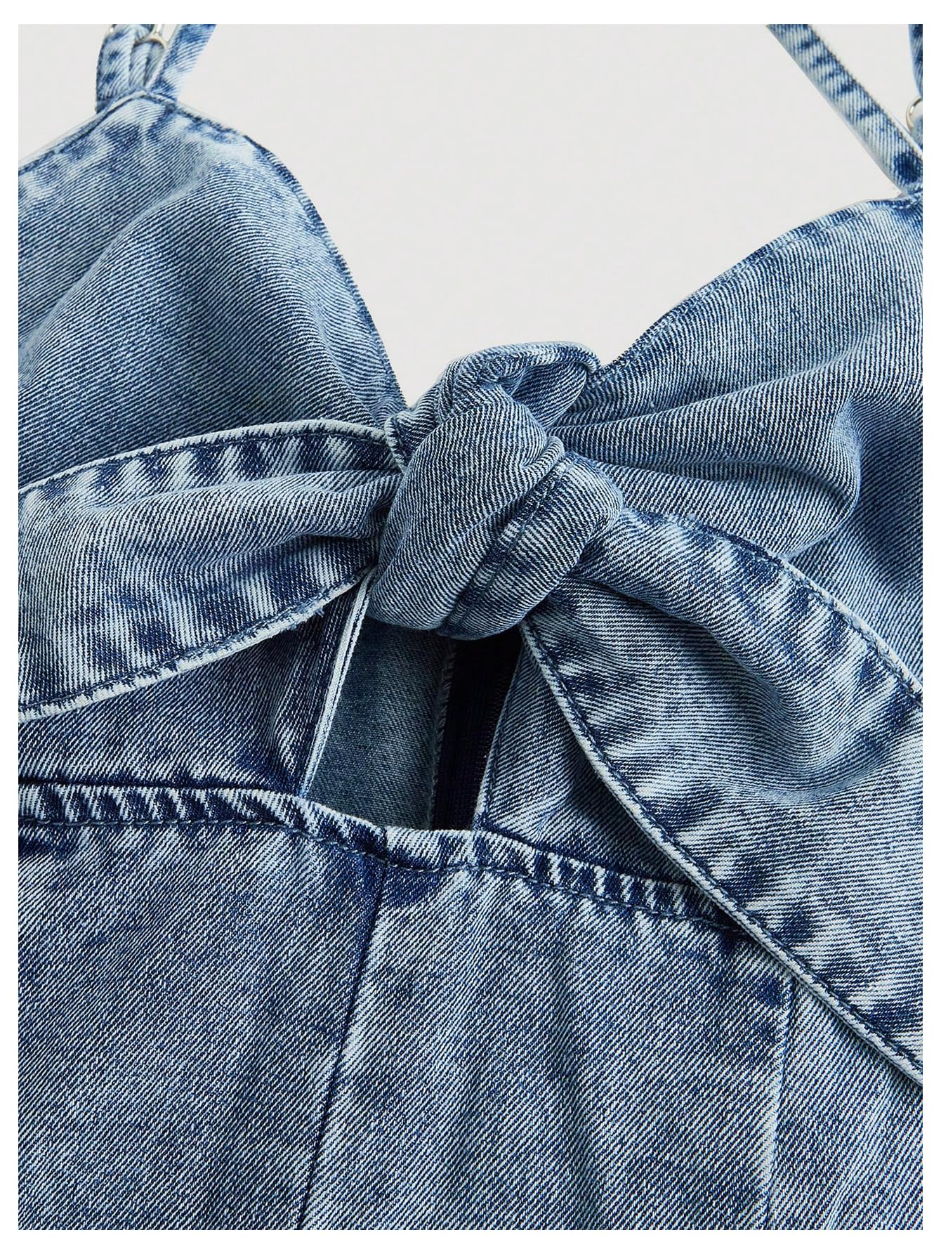 OYOANGLE Women's Vintage Bowknot Spaghetti Strap Denim Romper Sleeveless Wide Leg Jean Short Jumpsuits