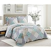 Brilliant Sunshine Blue and Green Rose Patchwork, 3-Piece Quilt Set with 2 Shams, Reversible Bedspread, Soft Lightweight Coverlet, All-Season, Full/Queen, Blue Green