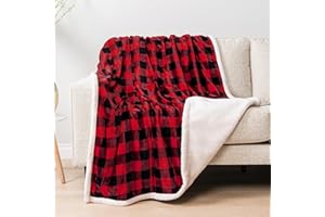 PAVILIA Black and Red Buffalo Plaid Sherpa Throw Blanket for Couch, Plush Red Black Checkered Fleece Blanket and Throws, Soft Fuzzy Flannel Blanket for Sofa Bed, Warm Cozy Winter Blanket Gift, 50x60