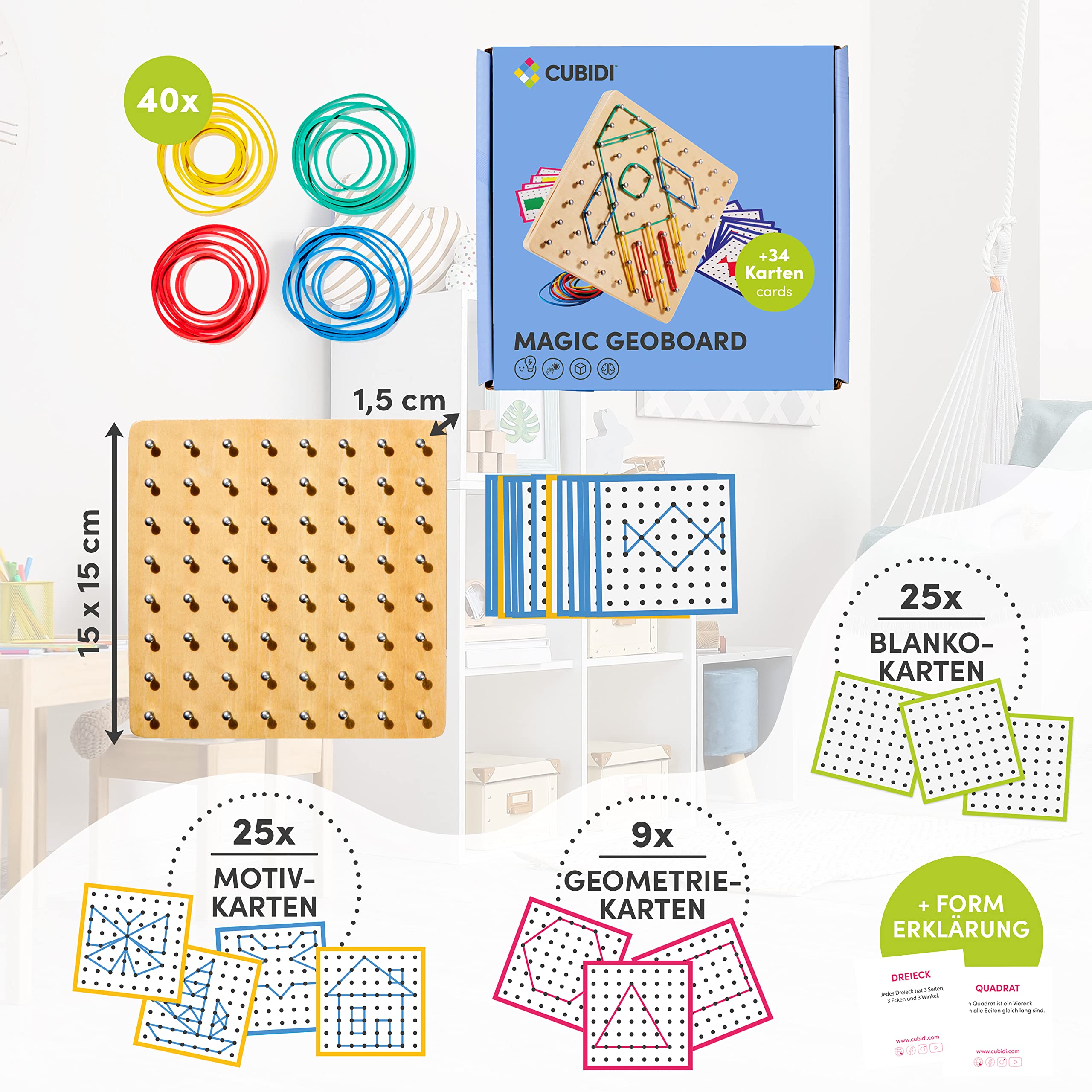 CUBIDI® Kreatives Montessori Geobrett für spannende Figuren - Feinmotorik Lernspielzeug - Geoboard ab 5 Jahre Geschenk für Jungen und Mädchen - Sequenzielle Puzzles 3
