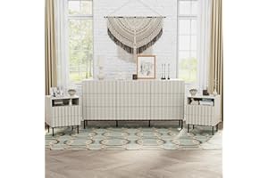 UEV 3 Piece Bedroom Dresser Set, Long 9 Drawer Dresser & 2 Drawer Nightstands with Open Shelf, Modern Wooden Chest of Drawers & Nightstand Sets for Bedroom, Living Room, Entryway(Beige)