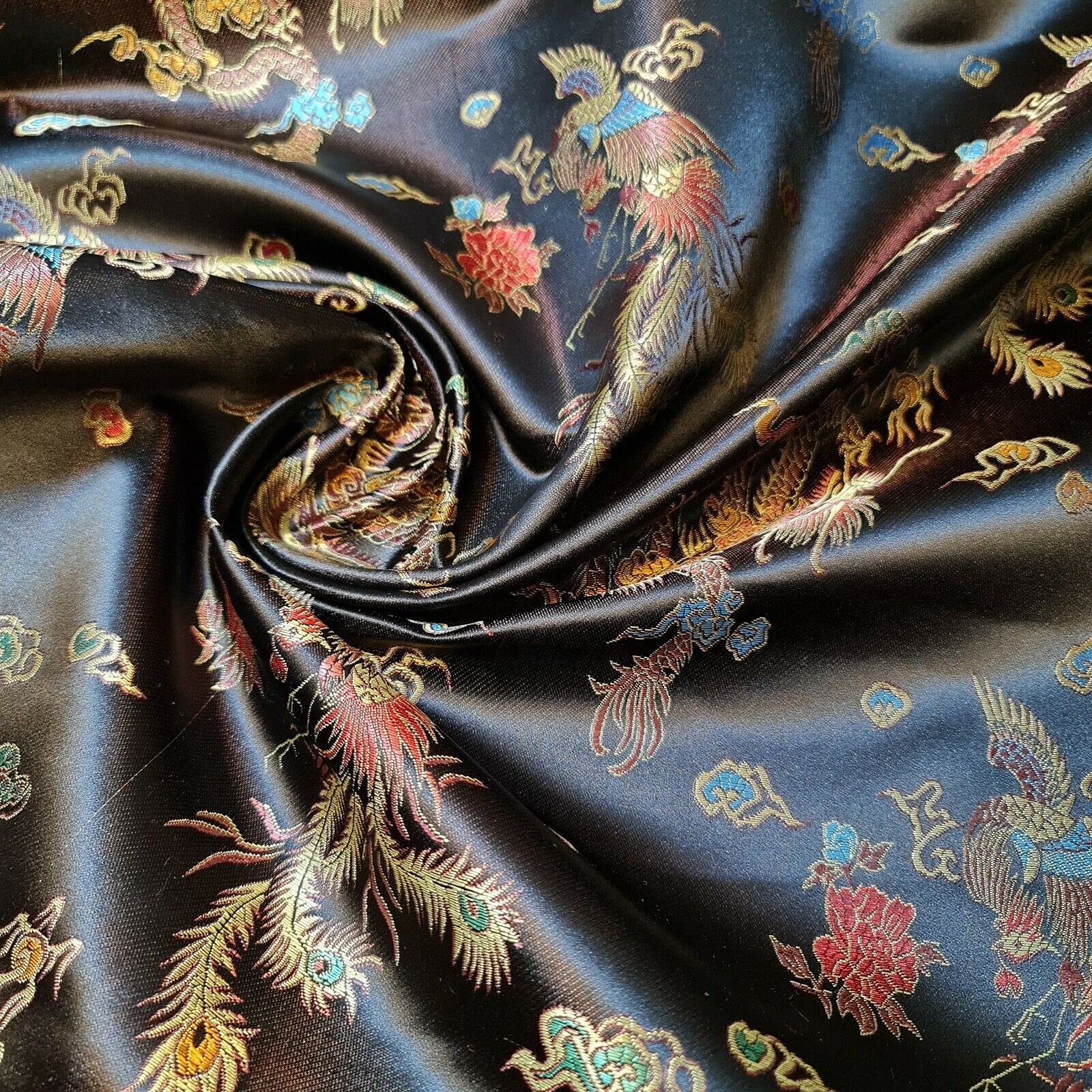 Oriental Dragon Print Traditional Chinese Embroidered Brocade/Poly Silk Satin Premium Quality Dress Craft Fabric Material 36" - 100cm Wide Sold As 1 Meter Pre - Cut Lengths (Black)