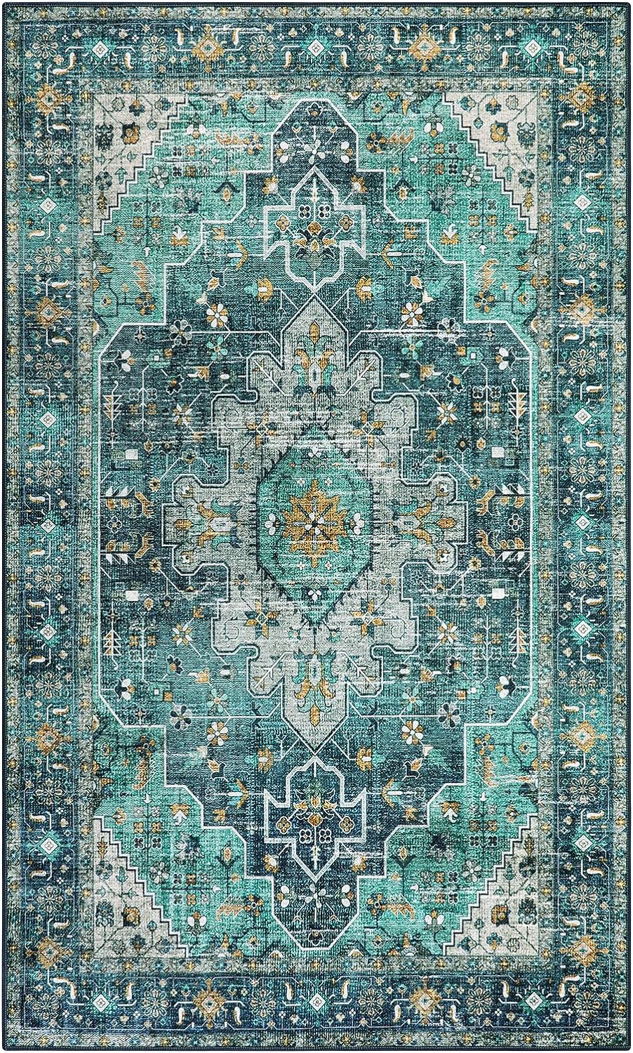 Rugs, Pads & Protectors - Moynesa Ultra-Thin Washable Vintage Area Rug - 3x5 Boho Entry Throw Rug Non-Slip Oriental Medallion Bedroom Mat Non-Shedding Indoor Floor Carpet for Living Laundry Room, Teal/Mutil