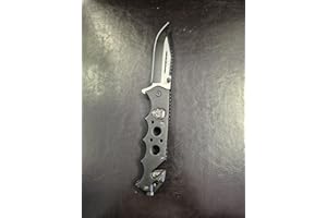 Tactical Folding Knife with Black Handle, Silver Stainless Steel Blade, Serrated Edge, Pocket Clip