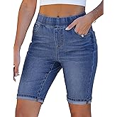 luvamia Bermuda Shorts for Women Jean Pull On Elastic Waist High Waisted Knee Length Fold Hem Stretchy Denim Long Shorts