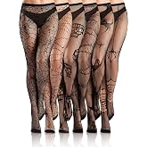 Ramede 6 Pairs Halloween Fishnet Tights Women Gothic Pantyhose | Gothic Web Skull Bat Designs, Patterned Tights, Stretchy Mesh Material, Lace Stockings Waistband, Costume Party Accessory,