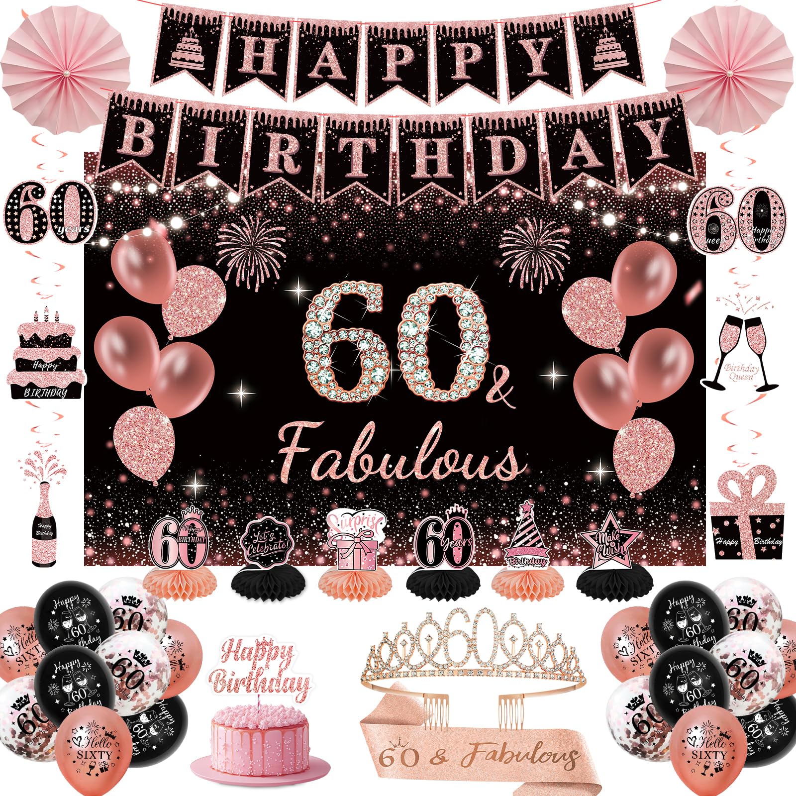 Photo 1 of 60th Birthday Decorations for Women - Rose Gold 37Pcs Happy 60th Bday Party Kit with Banner, Backdrop, Tiara, Sash, Cake Topper, Latex Balloons, Hanging Swirls, Centerpieces