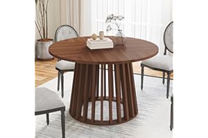 WESELON Round Dining Table for 4, Farmhouse 47 Inch Circle Kitchen Table, Rustic Dinner Table with Wood Strip Base for Dining Room Kitchen Living Room (Walnut)