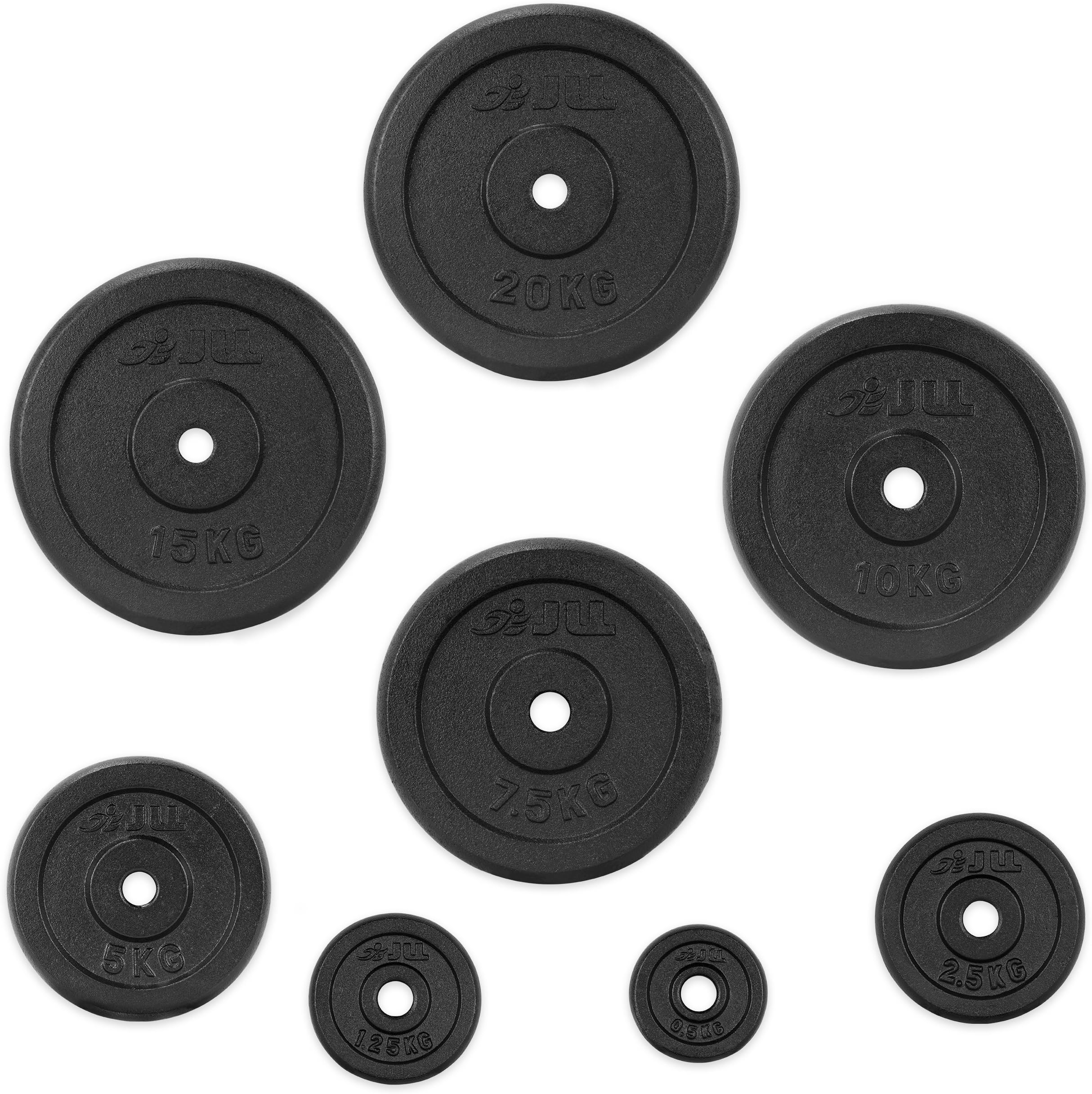 JLL® Cast Iron Weight Plates - 0.5kg-20kg in Sets of 5kg, 10kg, 15kg, 20kg and 30kg, Suitable for 1” Weight Lifting Bars, Home Gym, Weight Training, Fitness, Workout