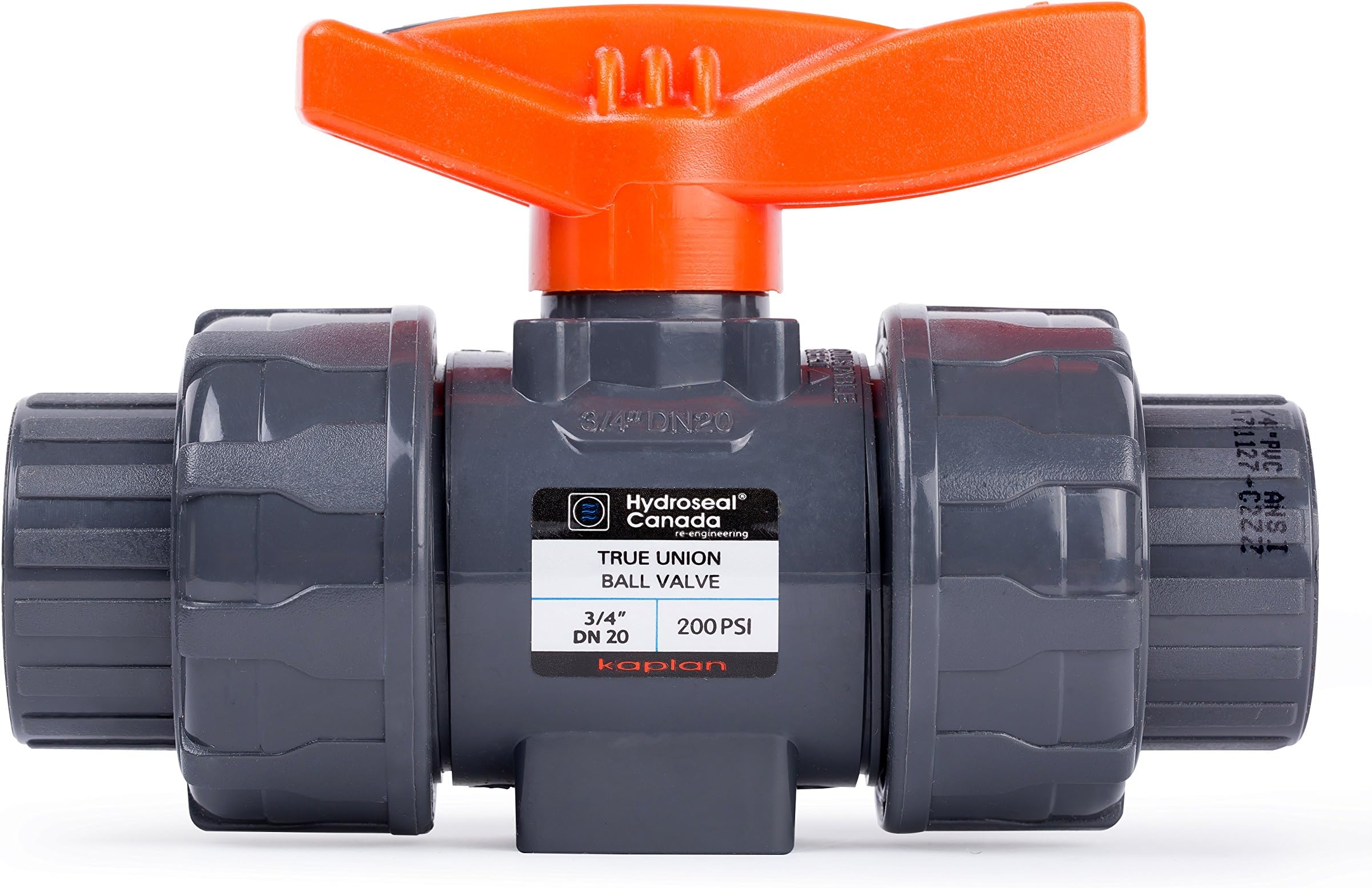 HYDROSEAL Kaplan 3/4" PVC True Union Ball Valve with Full Port, ASTM F1970, EPDM O-Rings and Reversible PTFE Seats, Rated at 200 PSI @73F, Gray, 3/4 inch Socket (3/4")