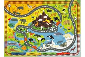KC Cubs 3x5 Animal Safari Toy Car Road Rug – Educational Play Mat Carpet for Kids, Toddlers, Nursery, Classroom, Playroom, Baby Daycare, Boys & Girls