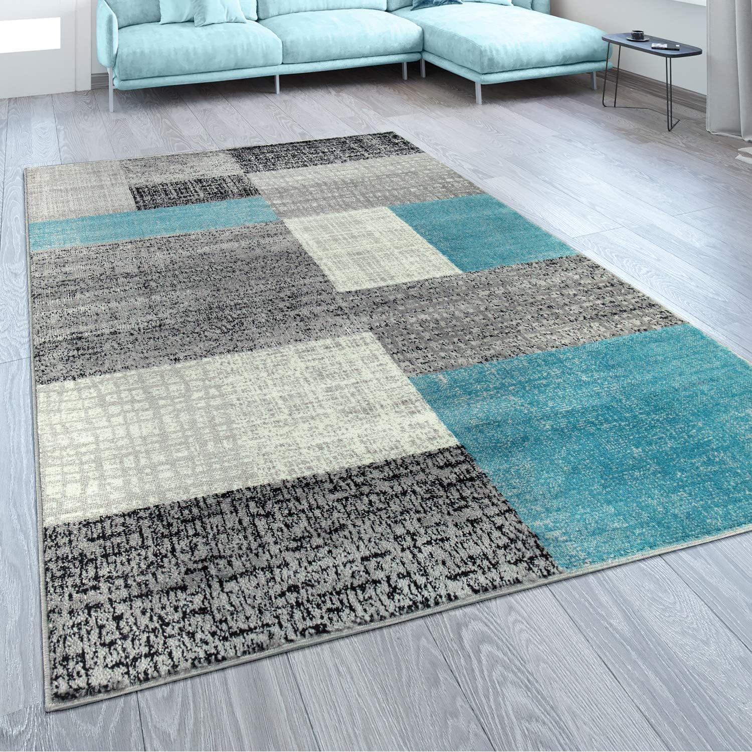 Paco Home Designer Rug Checked Designer Turquoise Grey, Size:240x340 cm