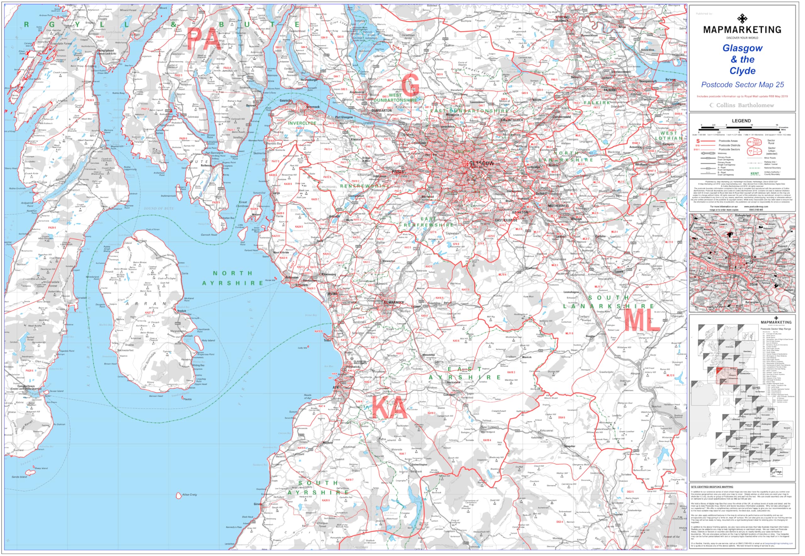 Glasgow and the Clyde - Postcode Sector Map 25 - Wall Map With Motorway, A' Roads, B' Roads, City Plans, Area, District, Size: 73 x 107 cm (29 x 42 inches) Scale: 1:150 000 (2.4 miles to 1 inch)