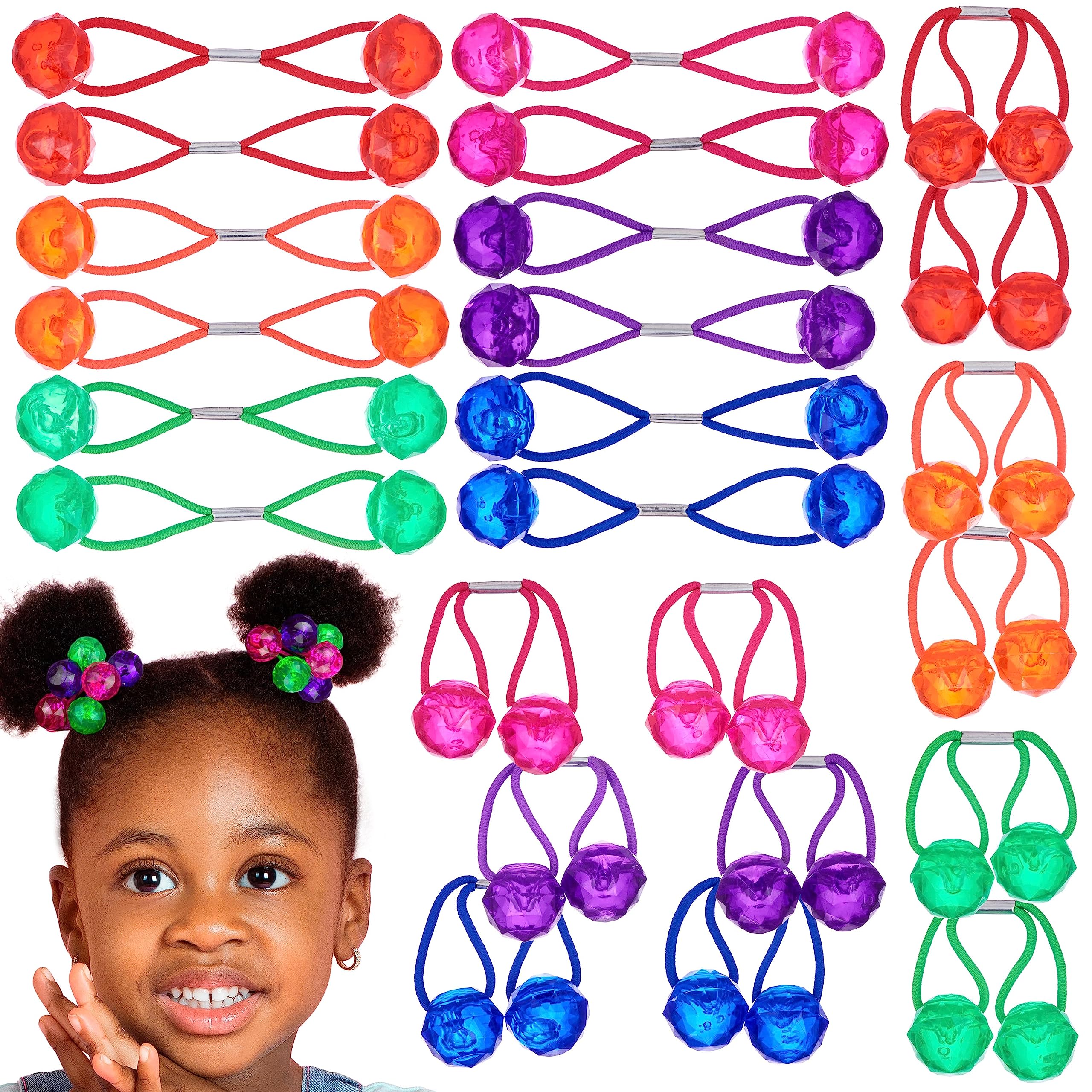 Photo 1 of 24pc Ponytailers Ponytail Balls Hair Elastics, 16mm Diamond-Cut Gem-Shaped Bright Multicolored Twin Hair Beads Bauble Hair Ties Ponytail Holders, Toddler Kids Hair Ties,Value Pack