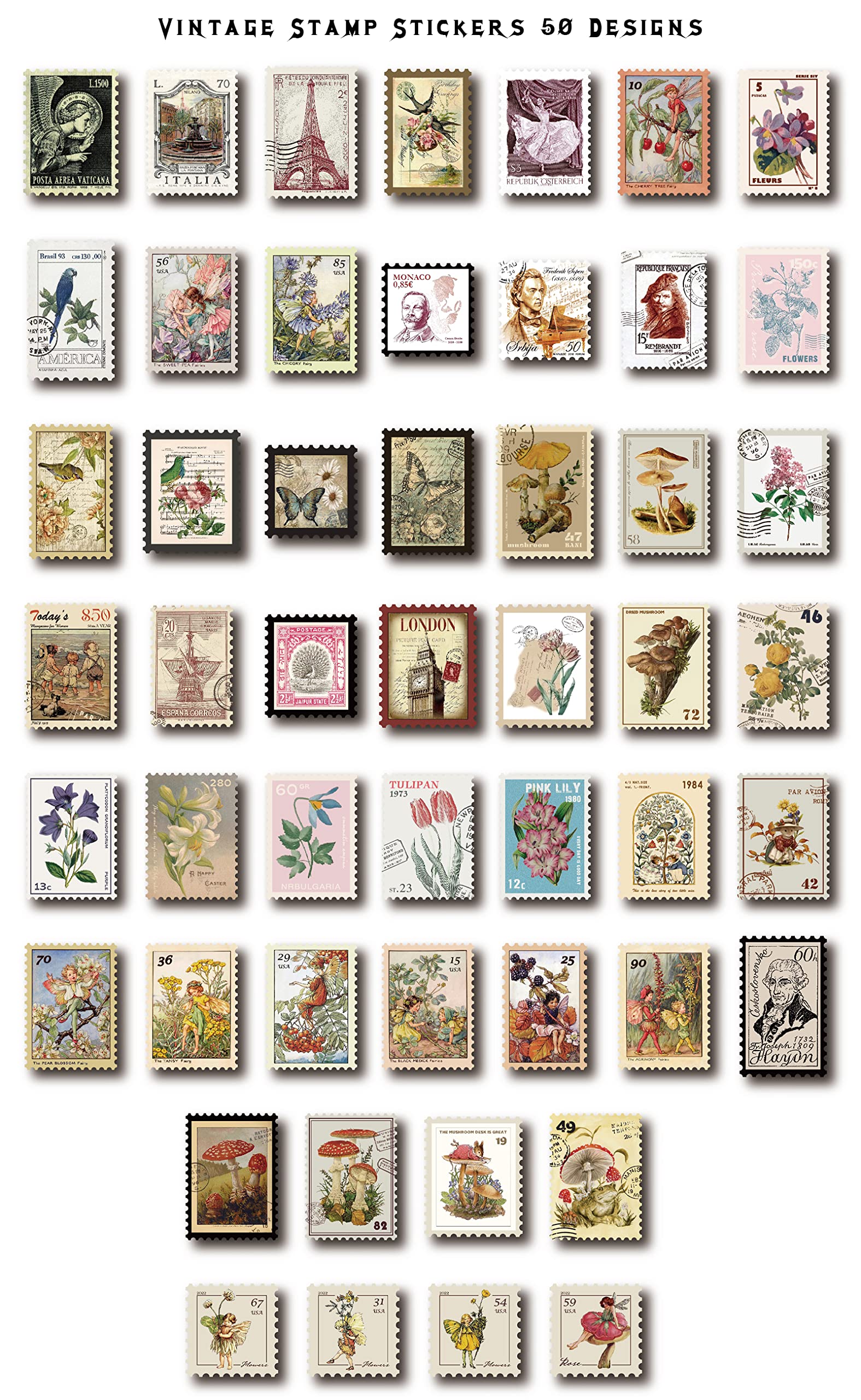 Vintage Postage Stamp Stickers for Scrapbook, 100 Pcs Deco Paper Stickers for Bullet Journal,Botanical Fairy Sticker for Junk Journal, DIY Crafts,Collage Album (Stamp-Like)