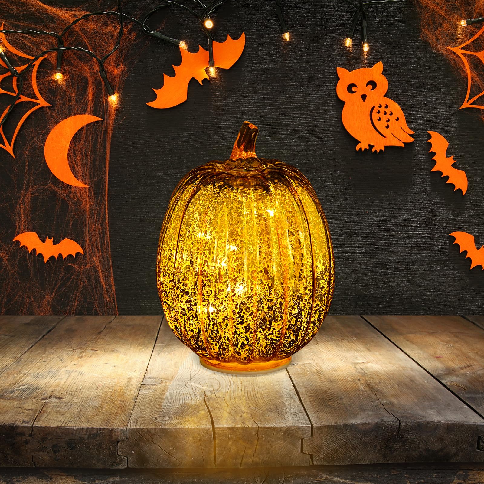 TRIXES Gold Glass Light Up Pumpkin - Autumnal Halloween Decoration