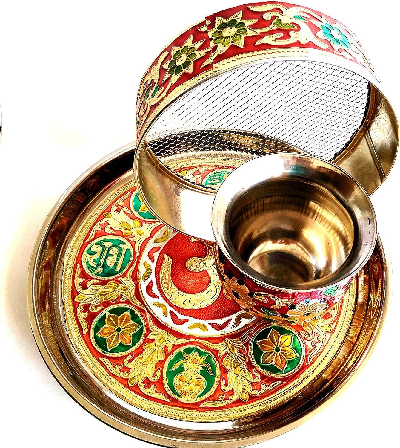 Heirloom Quality Karwa Chauth Pooja Thali Set with Meenakari Work - 5 Pieces