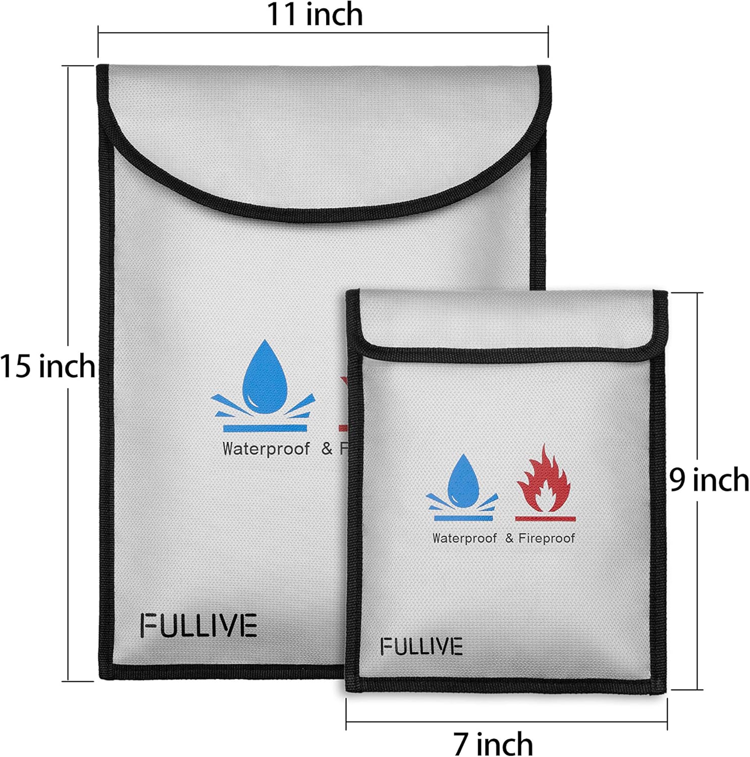 Fireproof Document Bag - 15"X11" Fireproof Safe Bag, 7"x9" Money Pouch Envelope, Non-Itchy Silicone Coated File Storage, Waterproof Document Holder, Money Bag with Zipper - - 