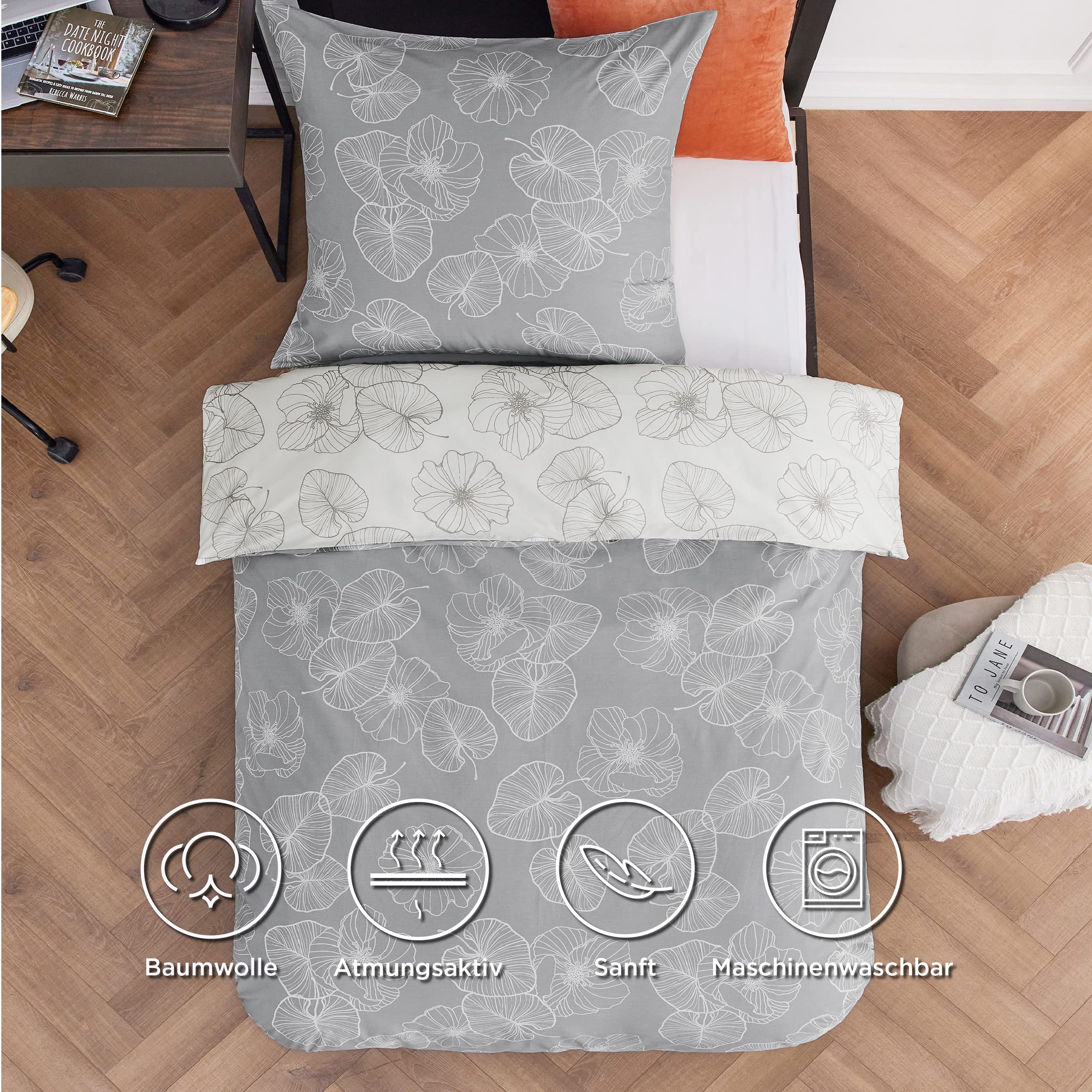 BEDSURE Bettwäsche 135x200 Baumwolle Bettbezug - Bettwäsche-Sets 135 x 200 cm 2teilig Grau mit Kissenbezug 80x80 cm, ÖKO-TEX Wendebettwäsche Bedding mit Reißverschluss Ginkgo Muster 2