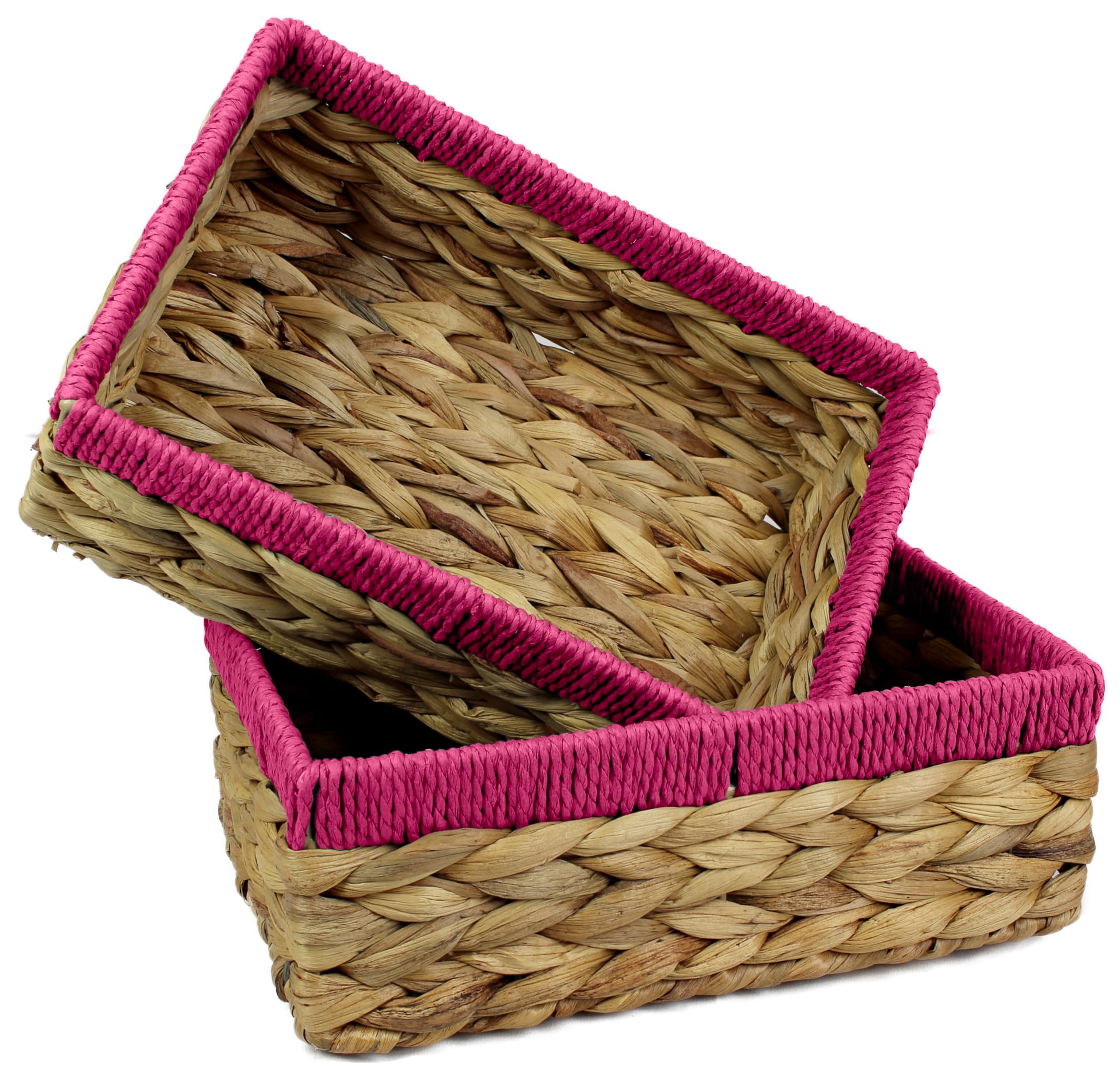 Rectangular Water Hyacinth Small Basket for Storage - Natural & Pink Wicker Basket Shelves - Open Decorative Gift Box - Mini Tray for Makeup, Kitchen Organiser (24cm, Pack of 2)
