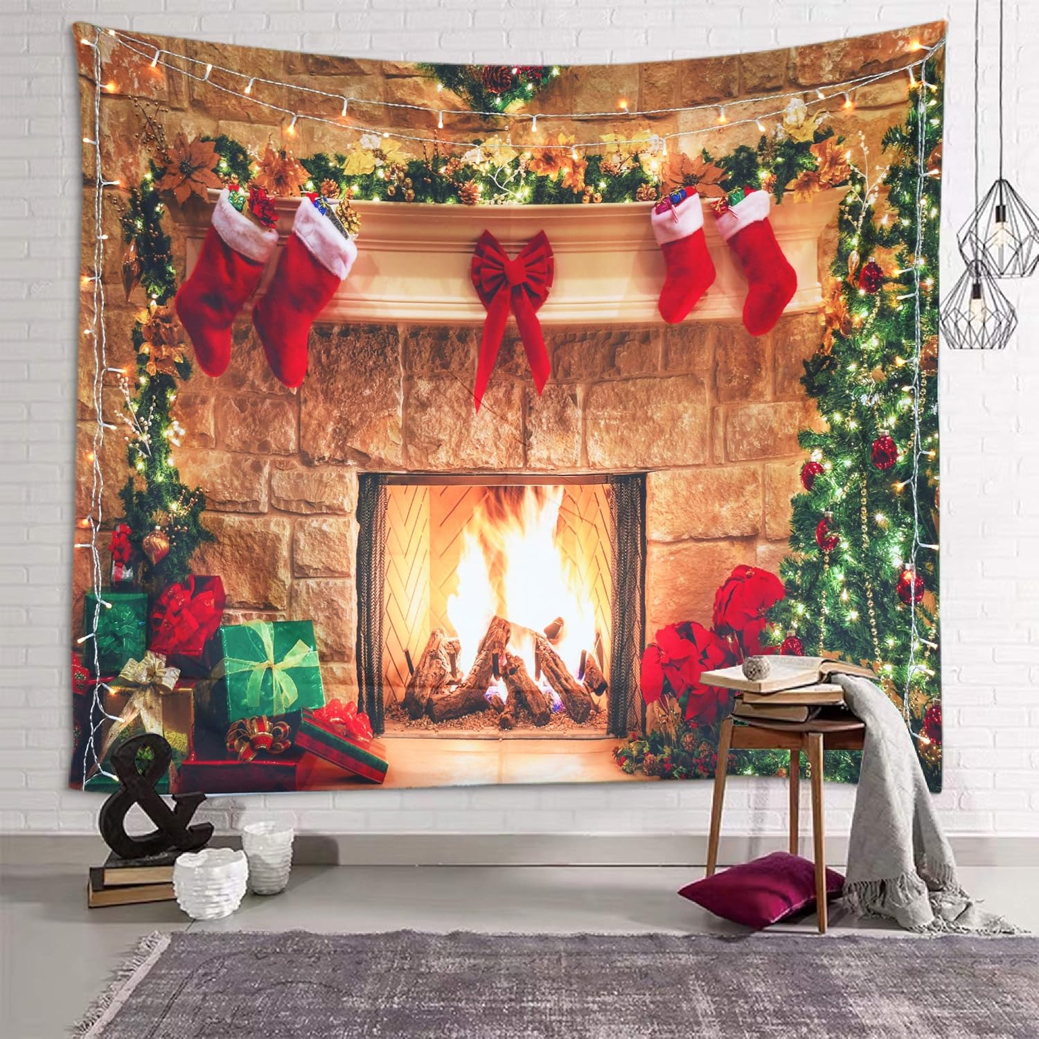 Tapestries - Sevendec Christmas Tapestry Fireplace Xmas Wall Tapestry Tree Stocking Gift Box Tapestry Wall Hanging for Party Livingroom Bedroom Dorm Home Decor W90 x L71