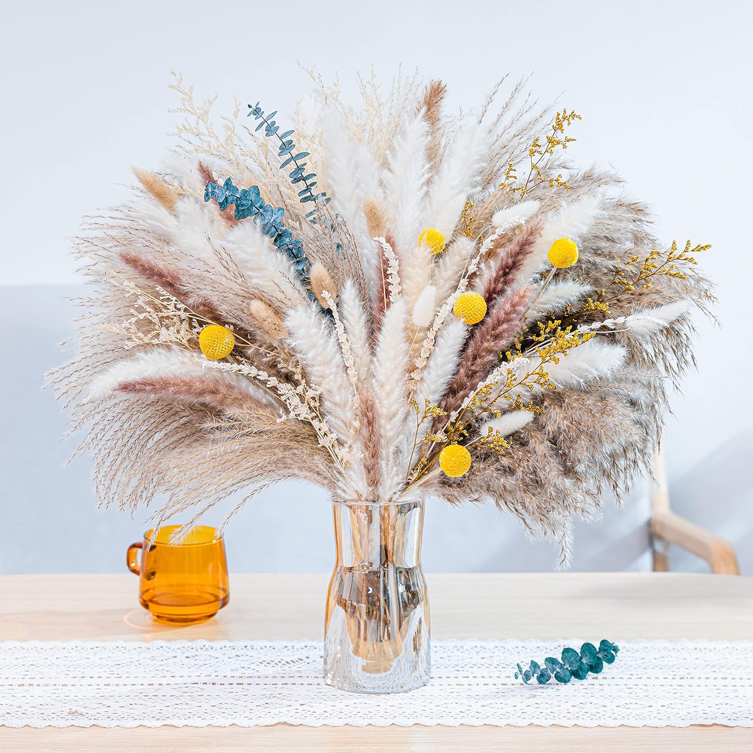 Dried & Preserved Flora - Natural Pampas Grass Mix Bouquet | Dried Pampas Bouquet for Wedding Boho Flowers Home Table Decor Desk Decor, Rustic Farmhouse (116 PCs Mix Bouquet)
