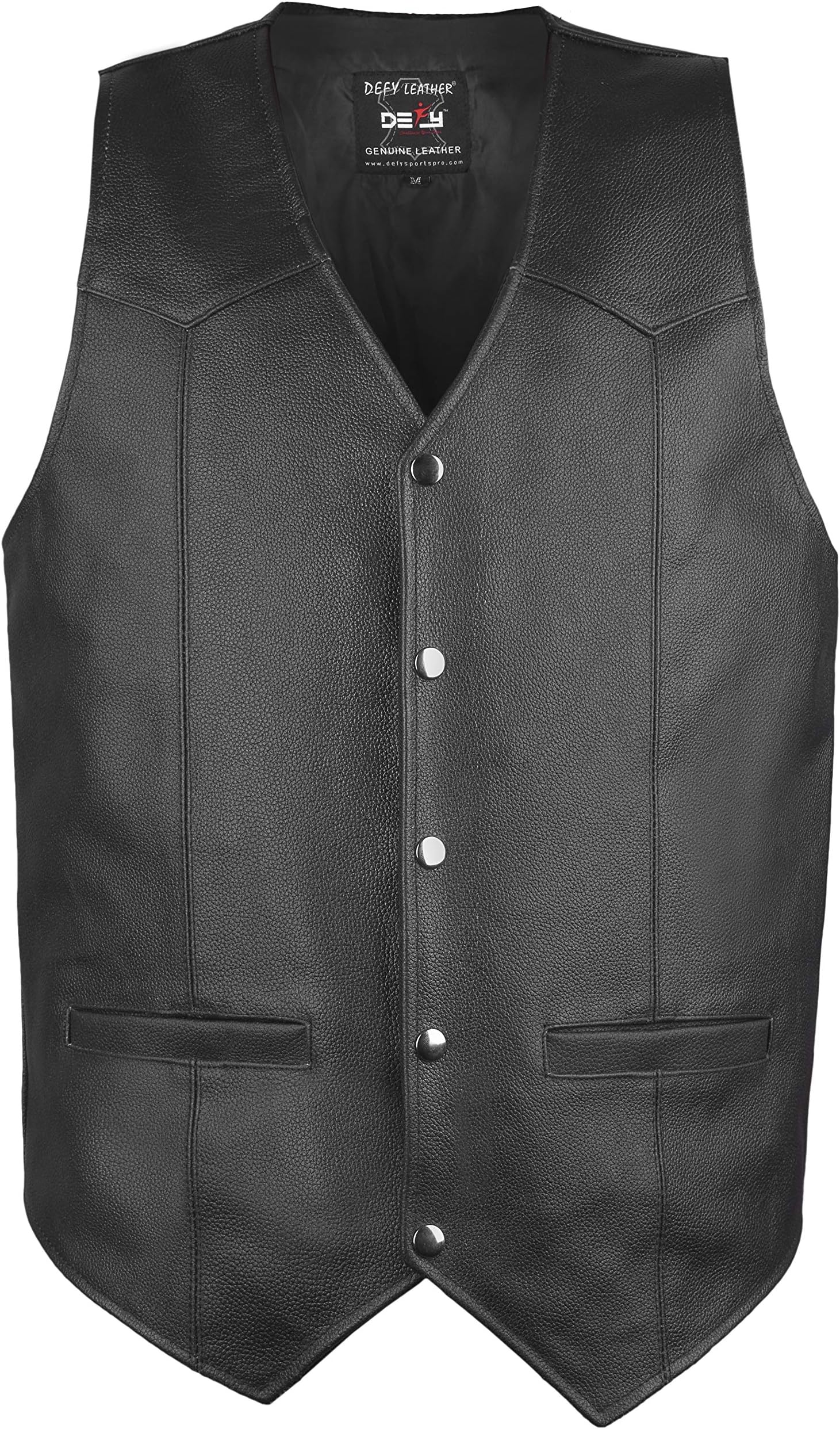 DEFY Men's Motorbike Vest Club Style Classic Genuine Leather Vest with Gun Pockets Full Solid Back (Small)