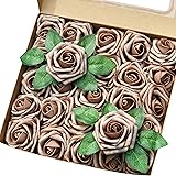 ONLY ART 25pcs Wood Brown Artificial Foam Roses Flowers with Stem Fake Roses for Wedding Bouquets Centerpieces,Arrangements P