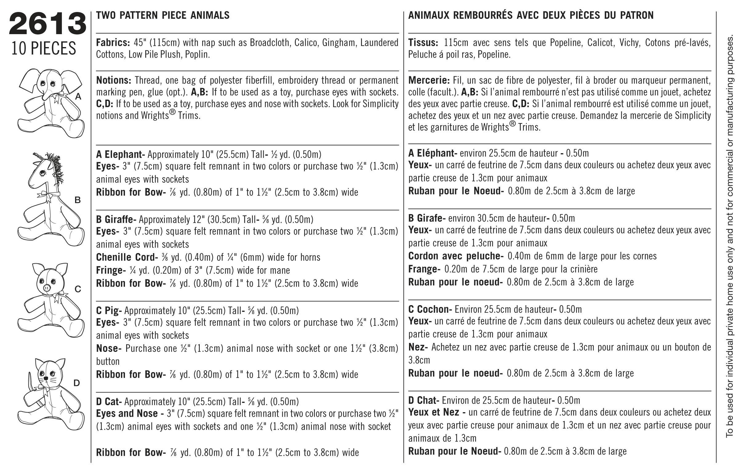 Simplicity 2613 Cute Stuffed Animal Sewing Pattern for Children and Toddlers by Elaine Heigl Designs, One Size