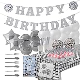 ecoZen Disco Birthday Decorations Set - Sparkly Themed Supplies with Disco Ball Decor, Iridescent Balloons, Tableware, Flatware, Cupcake Liners, Table Cover, Happy Birthday Banner, Party Favor Bags