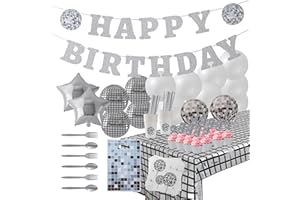 ECOZEN LIFESTYLE ecoZen Disco Birthday Party Decorations Set - Party Supplies with Disco Ball Decor, Iridescent Balloons, Tableware, Flatware, Cupcake Liners, Table Cover, Happy Birthday Banner, Party Favor Bags