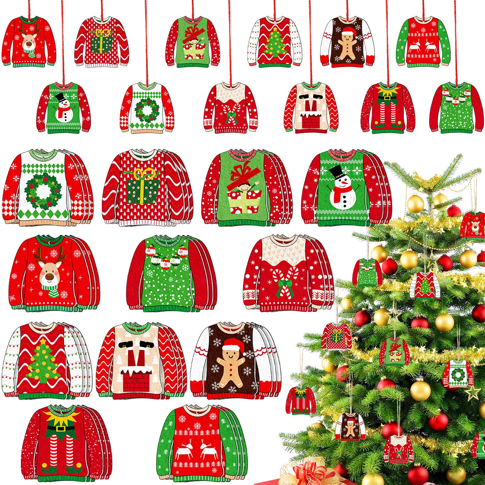 Photo 1 of 48 Pieces Christmas Ugly Sweater Ornaments Xmas Felt Tacky Sweater Tree Decorations Hanging Tree Ornaments for Christmas Felt Pendant Tag with Ropes for Winter Holiday Party Favors (Vivid Style)