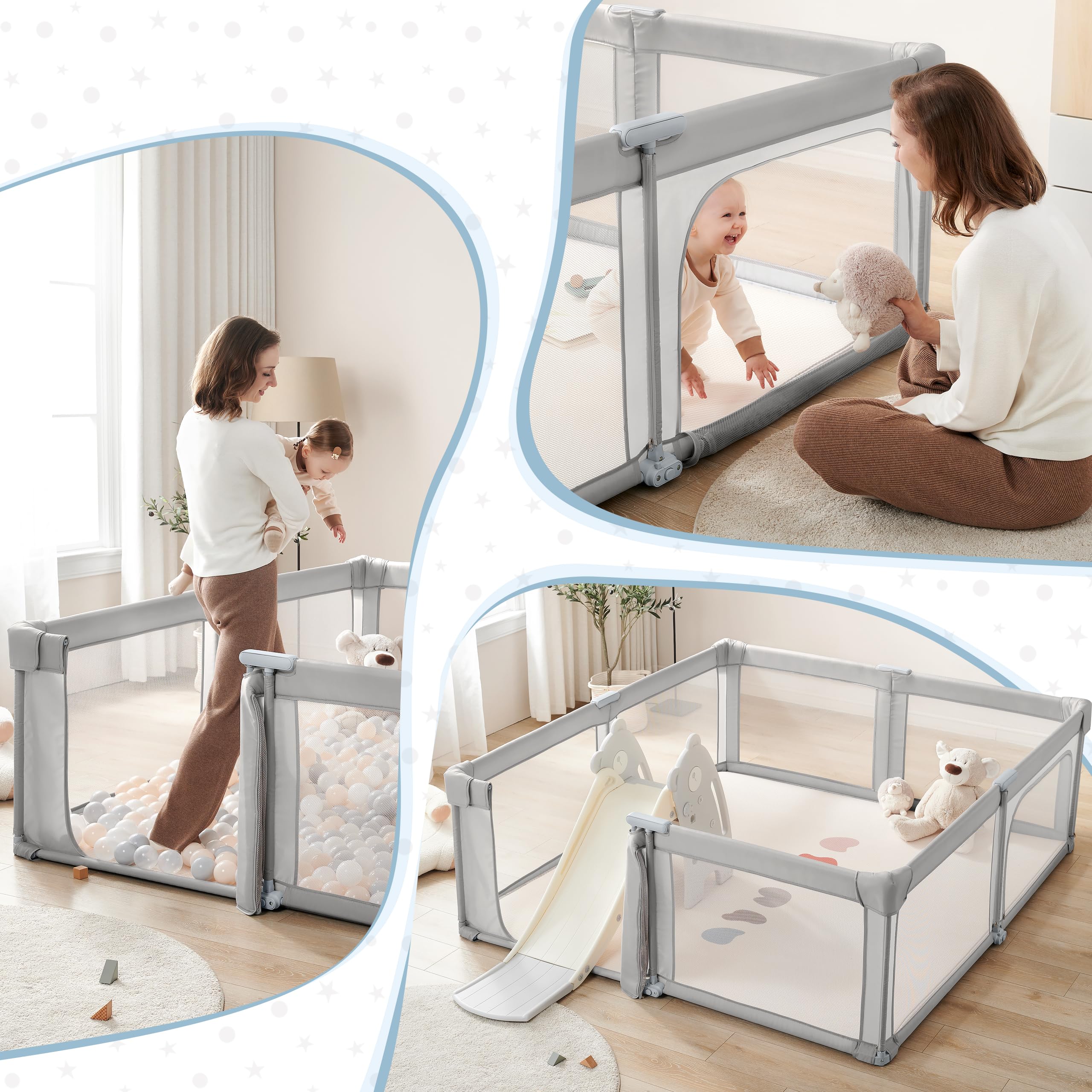 Sweeby Baby Playpen, 59x59 Inch Gate Foldable for Babies and Toddlers, Extra Large With Door Play Yard for Fence Indoor and Outdoor, Gray