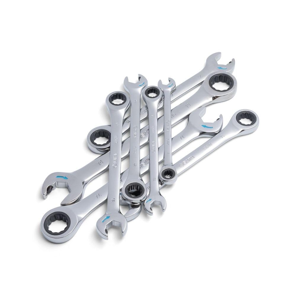 SATA ST08007ASJ 8-Piece Metric Double Ratcheting Wrench/Spanner Set, Polished, 8mm - 19mm, with Storage Tray