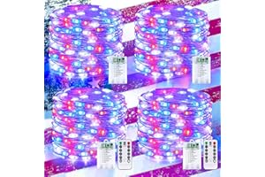 KAQ 4Pack 80FT 240LED Red White and Blue Fairy Lights Battery Operated with Remote | 4th of July Decorations Twinkle Lights with Timer | American Flag Light for Independence Day Patriotism Decorations