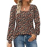 Rapbin Womens Square Neck Puff Sleeve Tops Dressy Casual Eyelet Long Sleeve Shirts Loose Trendy Blouses S-XXL