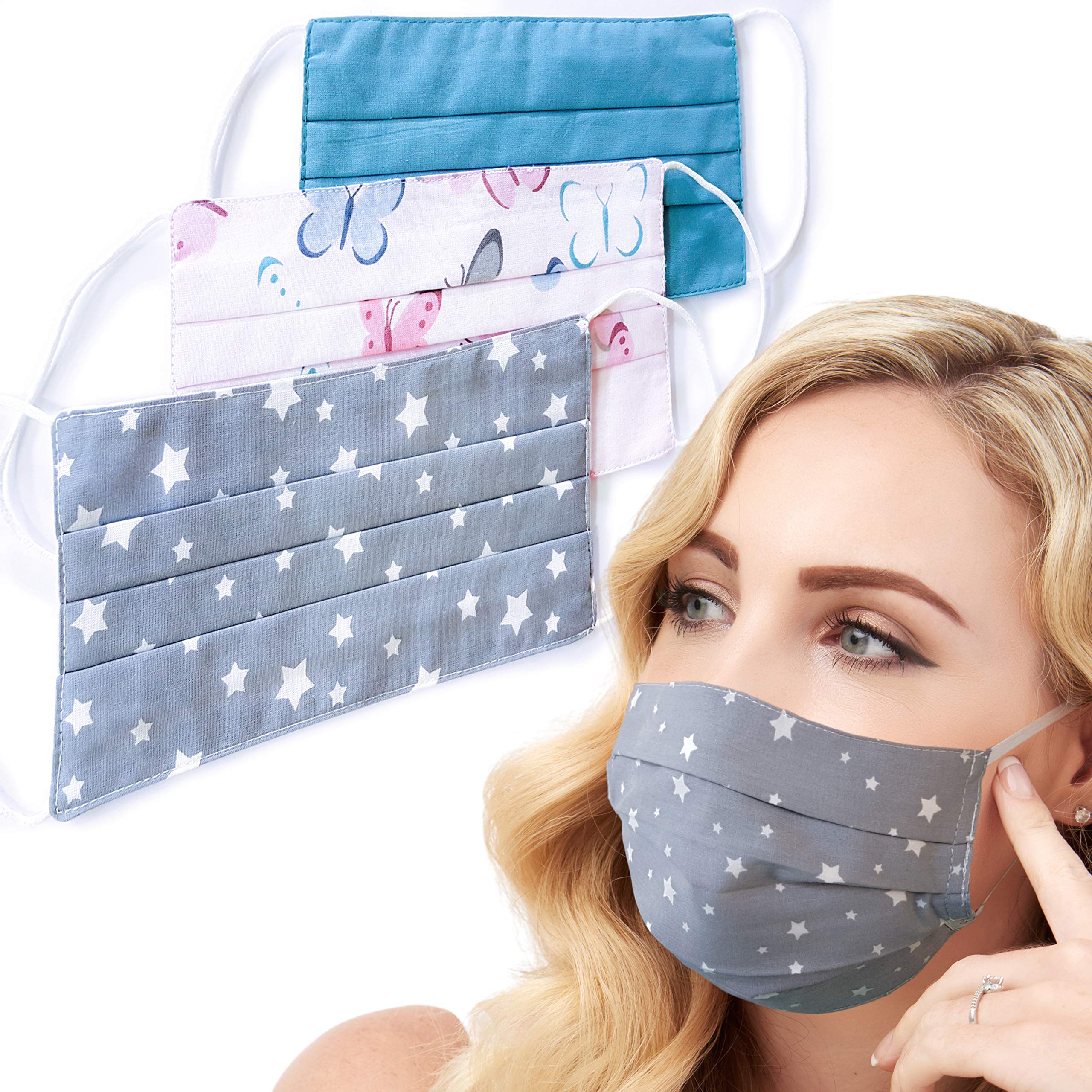 Lilind® 3 Pack Cloth Face Masks, Comfortable Gift, Handmade in UK, Breathable, Soft, Reusable and Washable Covering, 100% Cotton, Rose Blue Mix