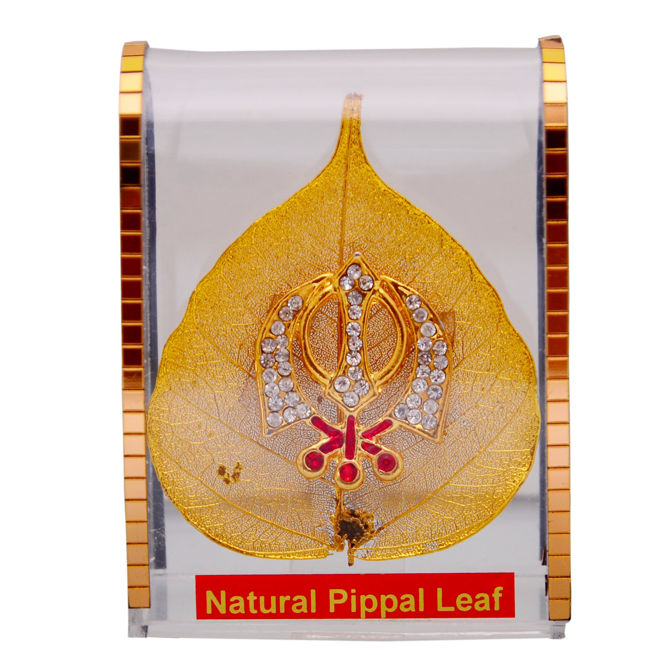 Purpledip Gold Plated Natural Pipal Leaf with Khanda for car dashboard, Good luck gift (10694)