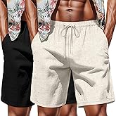 Neer 2 Pack Men's Big and Tall Linen Shorts, Casual Elastic Waist Beach Shorts Summer Drawstring Wears with Pockets