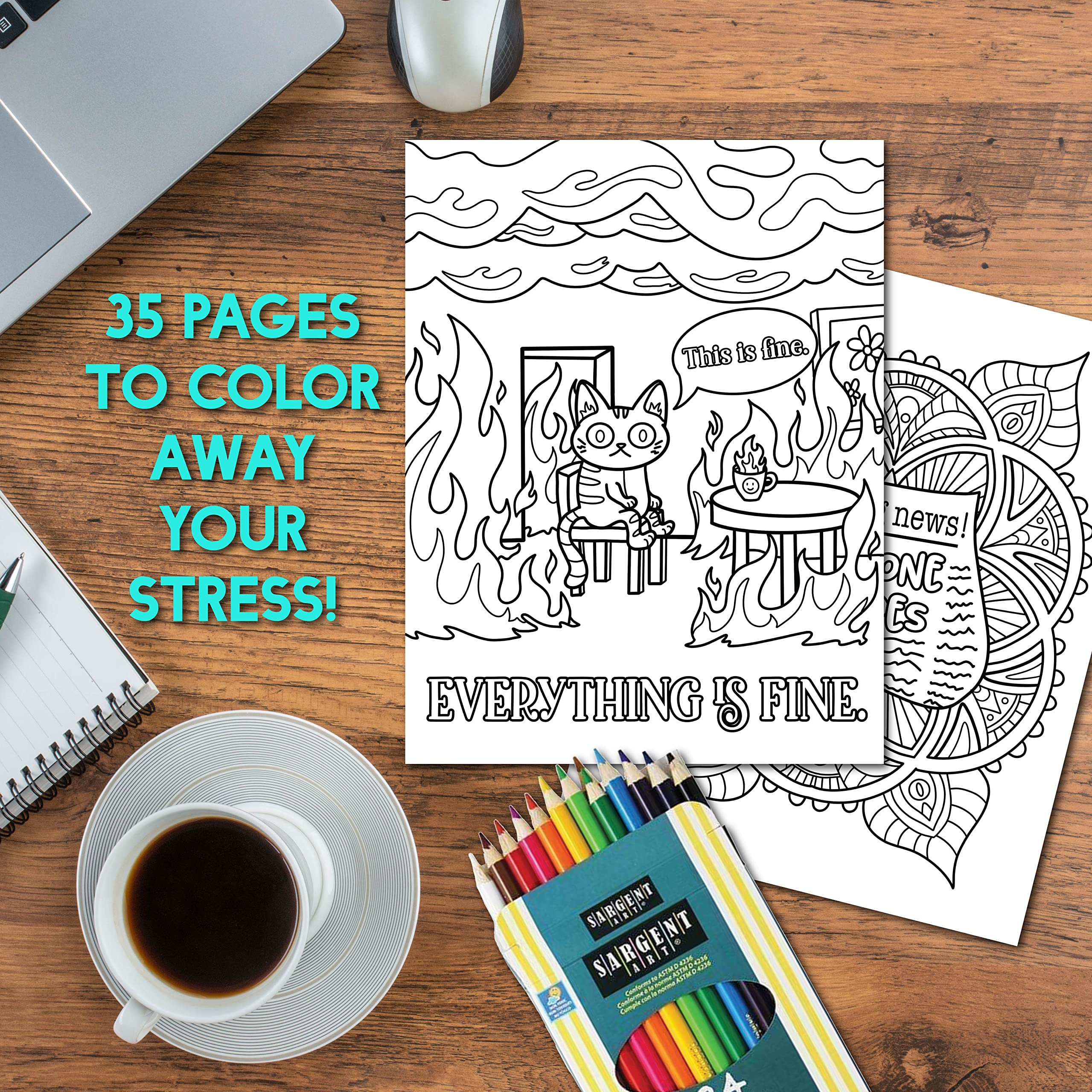 Everything is Fine Dumpster Fire Funny Coloring Books for Adults Gag Gift with 24 Colored Pencils - Art Book, Funny Gifts for Coworkers Care Package Stress Relief Art Set