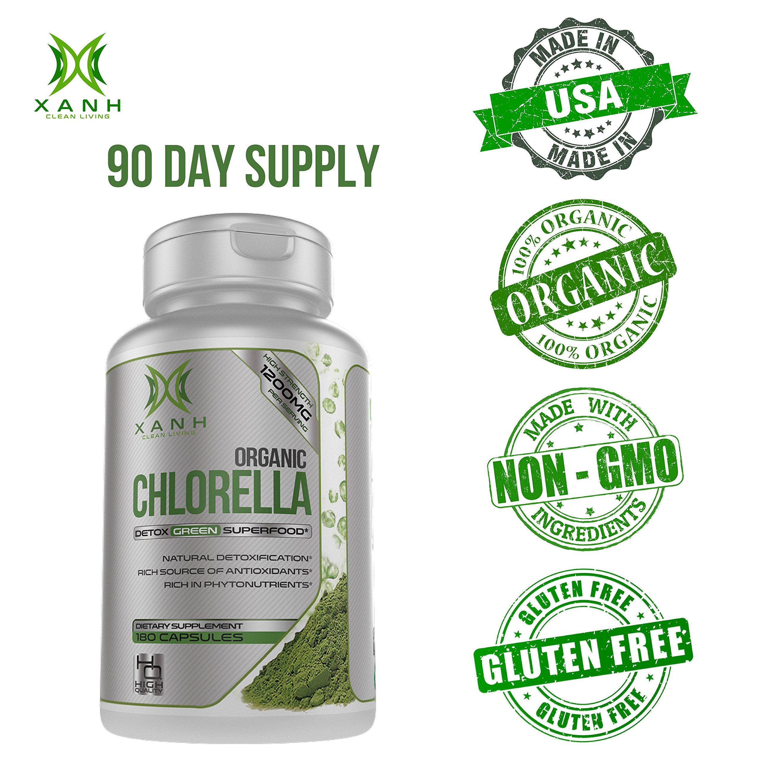 Xanh Organic Chlorella Tablets with Growth Factor 1200mg Green