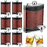 Rtteri 6 Set 8 oz Leather Hip Flasks for Liquor for Men Leak Proof Stainless Steel Drinking Flasks with Funnel Soft Wrap Whiskey Vessels for Wedding Bridesmaid Christmas Gifts (Brown)