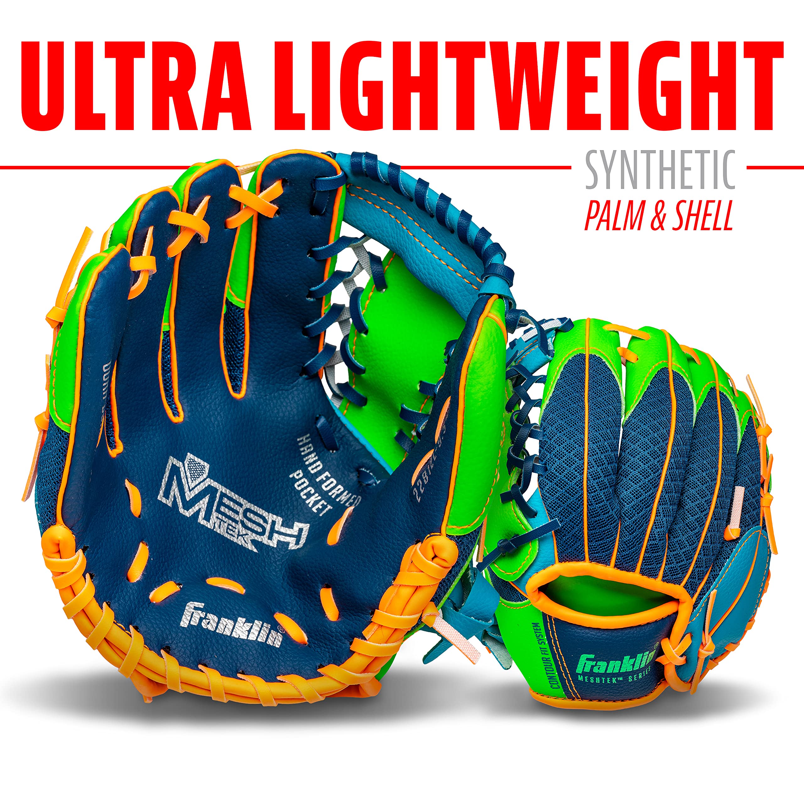 Franklin Sports Kids Baseball Glove + Foam Ball Sets - Meshtek Youth Teeball Gloves for Kids + Toddlers - Left + Right Hand Throw - 9.5