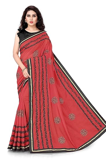 Womens Velly Embroidered Silk Blend Plain Lace Border Saree With Blouse Piece