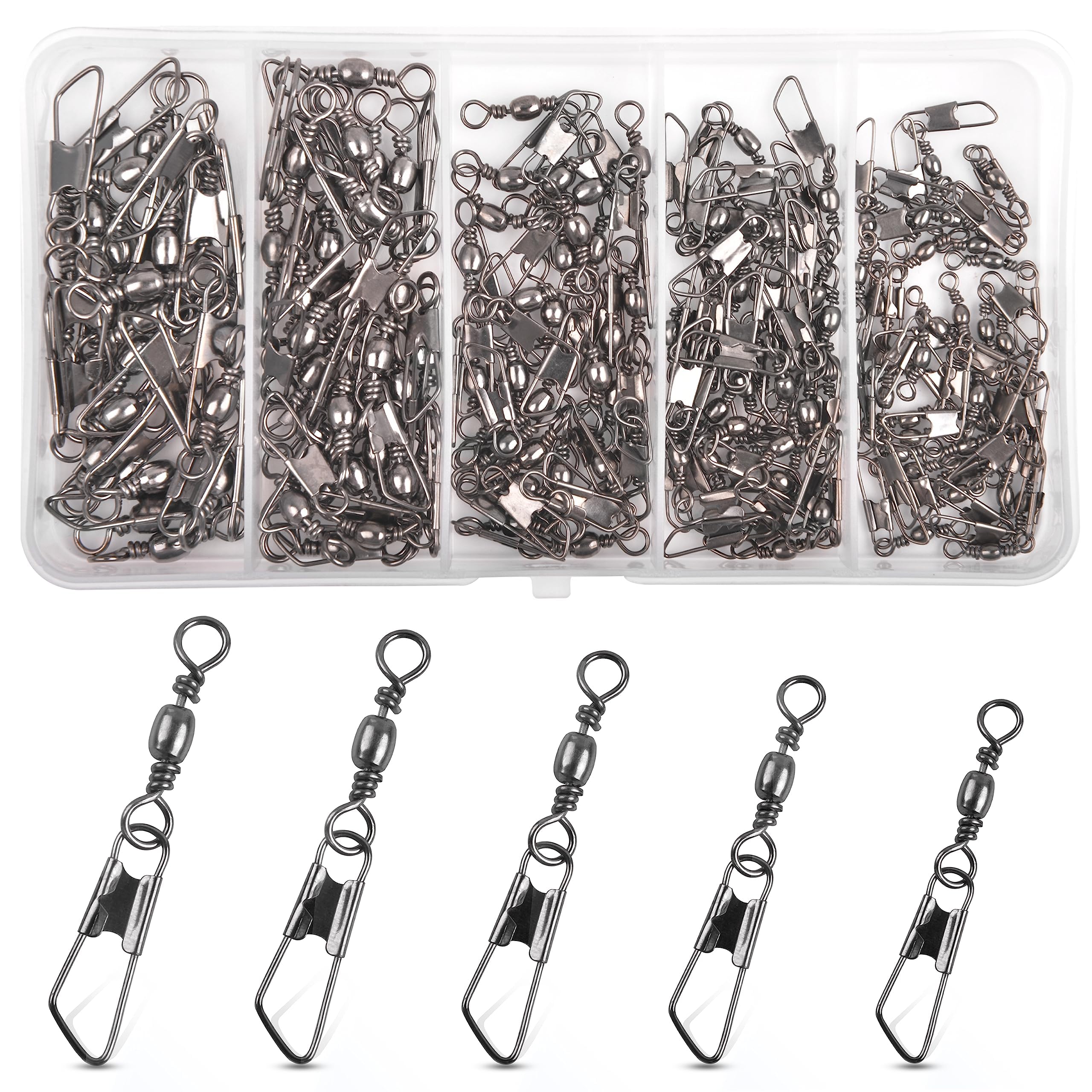 150pcs Barrel Fishing Swivels with Nice Snap Kit Fishing Lure Line Connector High Strength Sold Rings Snap Swivels (Barrel Swivel+A Snaps Kit)