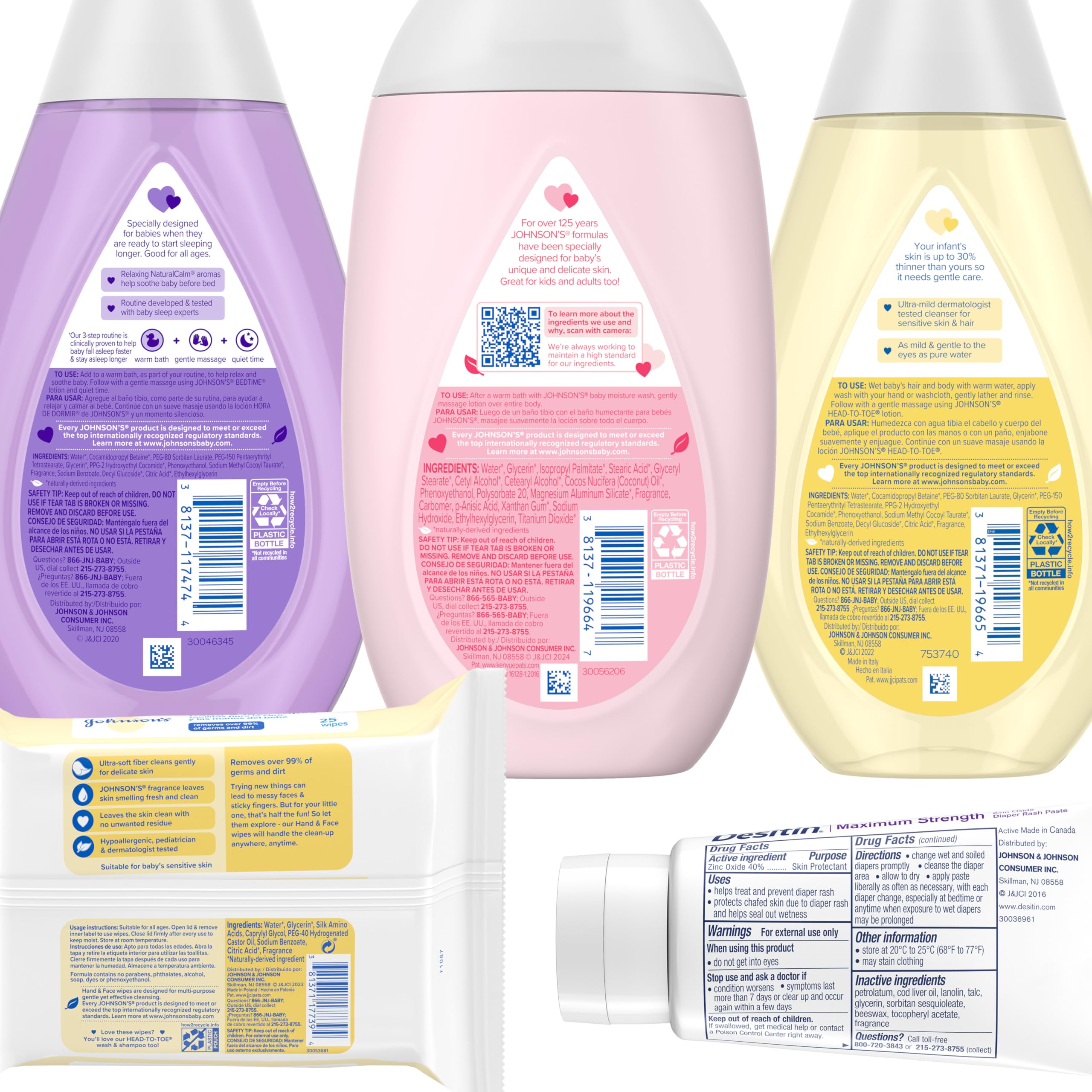 Johnson's Baby Here Comes Baby Gift Set, Baby Essentials for New Parents with Moisturizing Lotion, Bedtime Bath, Body Wash & Shampoo, Hand & Face Wipes, & Diaper Rash Cream, 5 Items